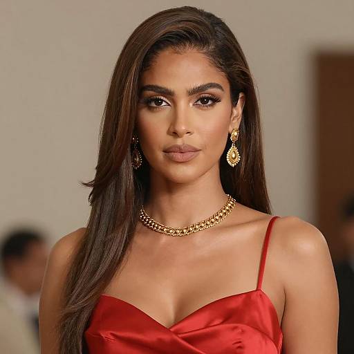 Elegant Woman in Red Satin Dress