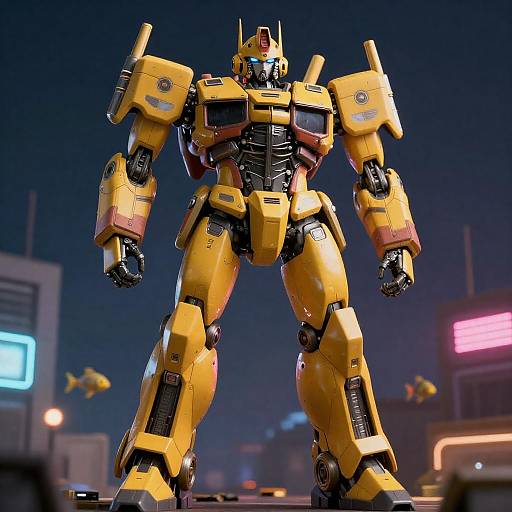 Yellow Cyberpunk Mecha Robot at Night