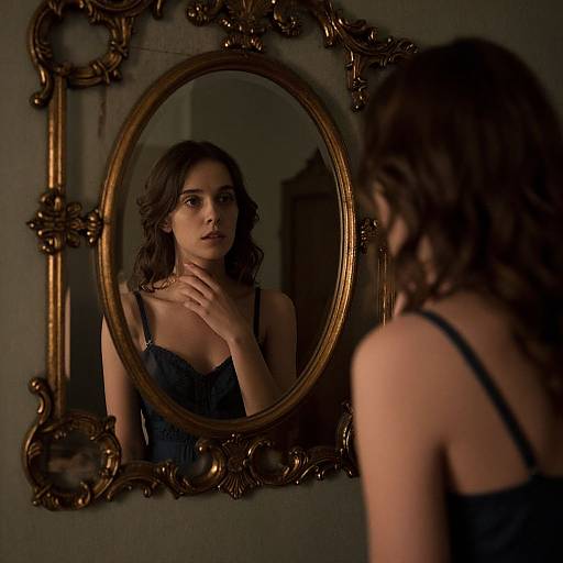 Photograph of a young woman with wavy brown hair, wearing a black lace camisole, gazing intently at her reflection in an orn