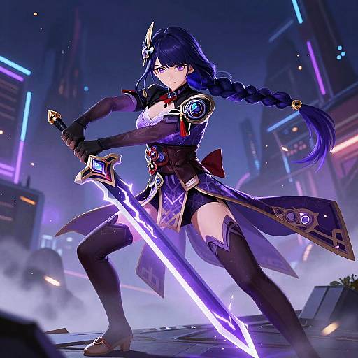 Digital anime-style artwork of a fierce, blue-haired warrior woman with braided hair, glowing purple sword, and futuristic neon cityscape background.