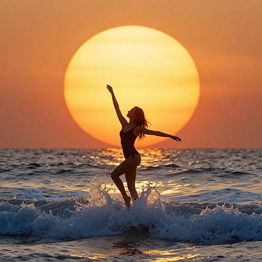 Photograph of a silhouetted woman dancing on ocean waves at sunset, with a large, glowing orange sun behind her.