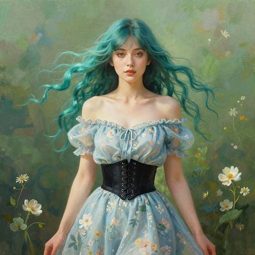 Digital painting of a fair-skinned, teal-haired woman with off-shoulder floral dress, black corset, standing among white daisies,