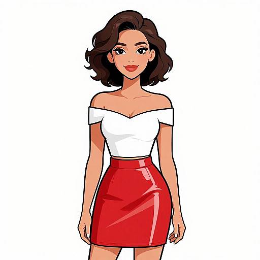 Digital illustration of a beautiful woman with wavy dark brown hair, wearing an off-shoulder white top and a shiny red skirt, standing against a