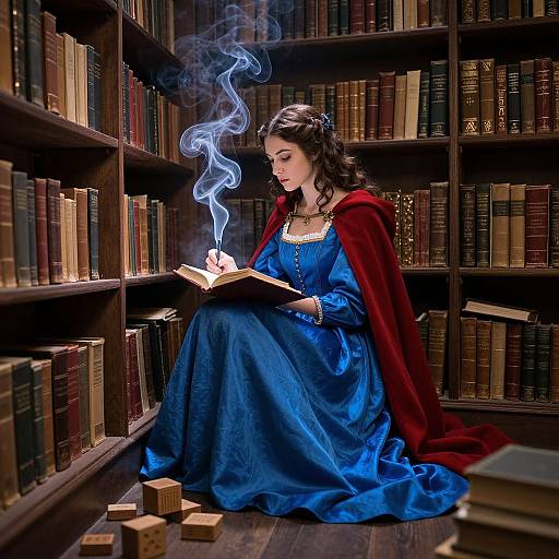 Photograph of a fair-skinned woman with dark hair, wearing a blue dress and red cape, smoking a book with blue smoke, sitting in a