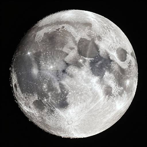 Photograph of a full, luminous moon with detailed craters and bright star-like reflections against a pitch-black night sky.