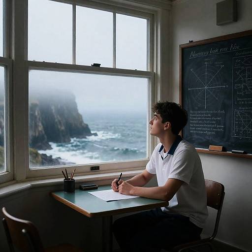 Photograph of a young man with curly hair, wearing a white polo shirt, writing at a desk by a large window, overlooking a foggy ocean