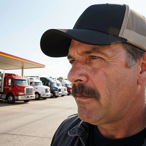Photograph of a middle-aged man with a mustache, wearing a black and beige cap, looking serious in a truck stop parking lot with red and