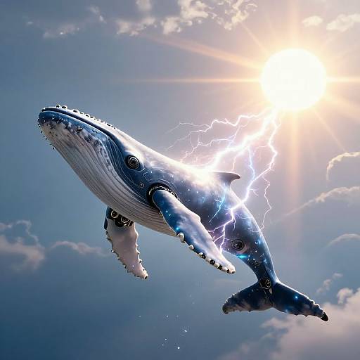 Photorealistic CGI of a blue whale with glowing lightning bolts flying through a bright, sunlit sky with scattered clouds.