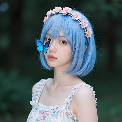 Photograph of a young woman with blue bob haircut, pink flower headband, white lace dress, and blue butterfly near her face, set against a