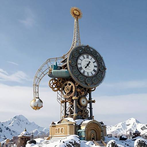 Photograph of a steampunk-style clock tower with intricate gears, a large clock face, and a sunburst top, set against a snowy mountain