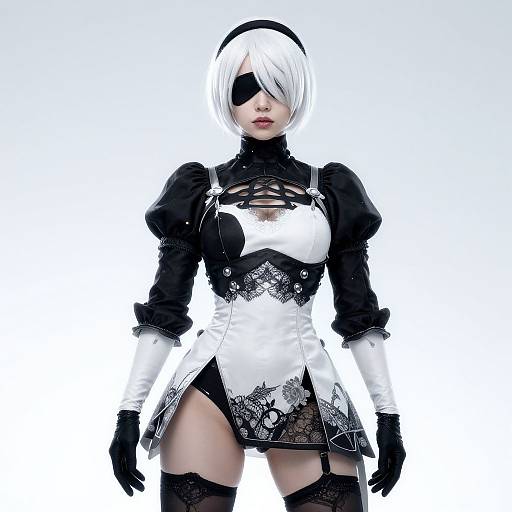 Photograph of a woman in detailed black and white cosplay, resembling 2B from Nier: Automata, with white bob hair, black eye