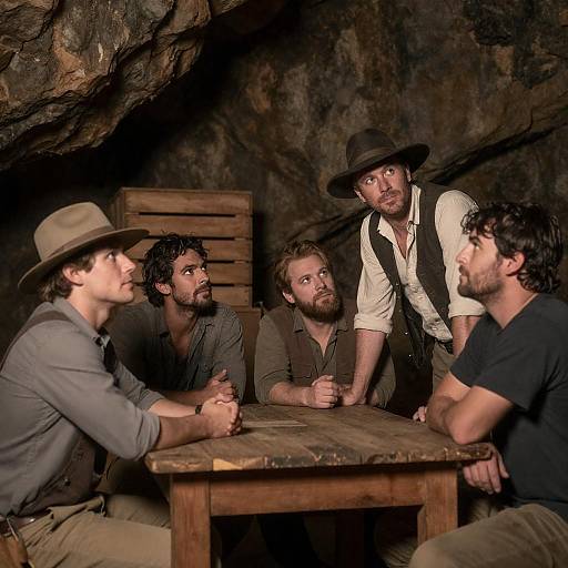 Western Men Meeting in Dimly Lit Cave