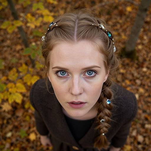 Photograph of a fair-skinned woman with blue eyes, braided brown hair adorned with small beads, looking up from an autumn forest floor covered in