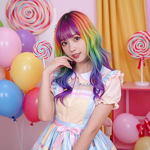 Photograph of a cute Asian woman with rainbow-colored hair, wearing a white lace dress, surrounded by colorful balloons and candy lollipops. Bright