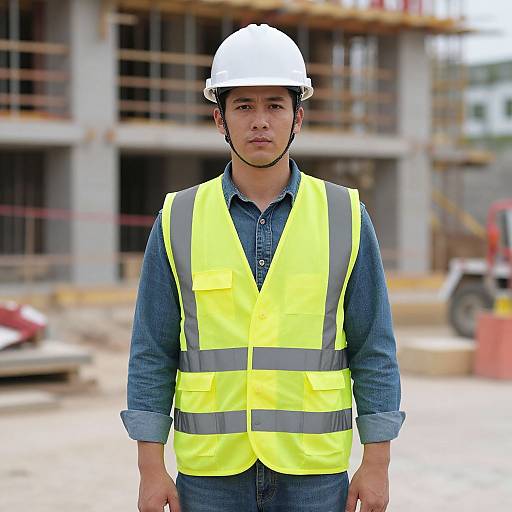 Photograph of a young Hispanic construction worker with medium skin tone, wearing a white helmet, yellow safety vest, and blue denim shirt, standing in front