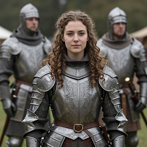 Photograph of a young woman with curly brown hair in detailed medieval silver armor, standing in front of two armored men, outdoors.