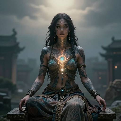 Digital artwork of a tattooed, dark-haired woman with glowing chest tattoos, wearing tribal clothing, seated against a mystical, foggy backdrop.
