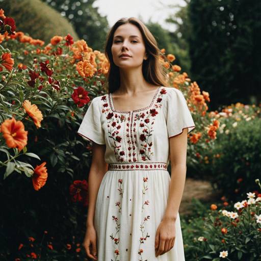 Woman in Embroidered Dress in Flower Garden