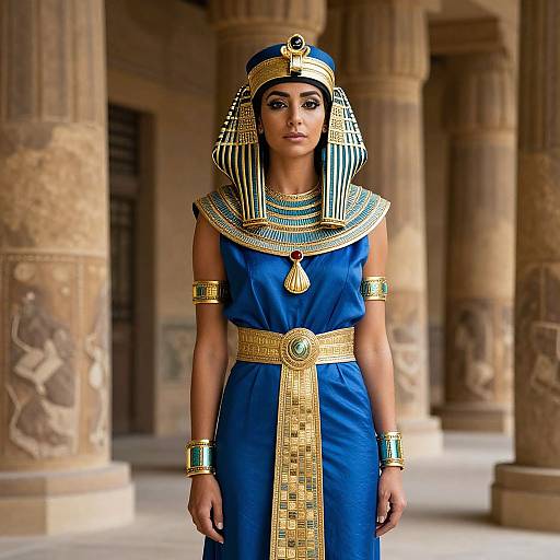 Photograph of a woman in an ancient Egyptian-style blue dress with gold accents, striped headdress, and detailed jewelry, standing in a stone-columned