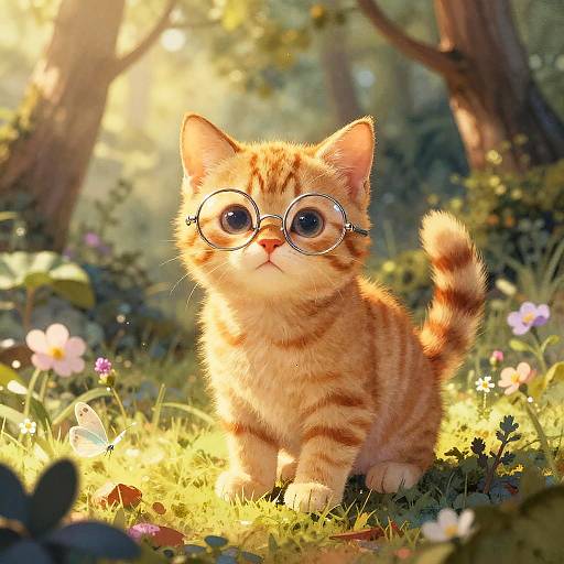 Photorealistic digital artwork of a cute, orange tabby kitten with large round glasses, standing in a sunlit forest meadow, surrounded by flowers
