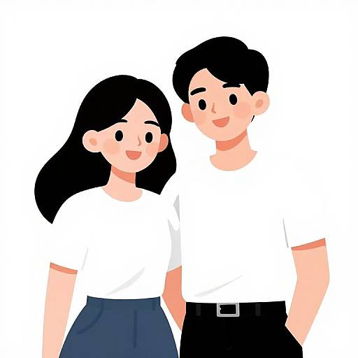 Digital illustration of a smiling couple with black hair, wearing white shirts and blue jeans, standing closely together against a white background.
