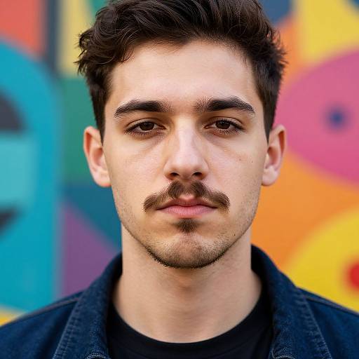 Photograph of a young man with dark brown hair, mustache, and stubble, wearing a black coat, against a colorful, abstract background.