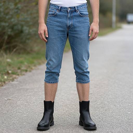 Photograph of a person standing on a paved path wearing blue cropped jeans, black boots, and a white shirt, with blurred greenery in the background