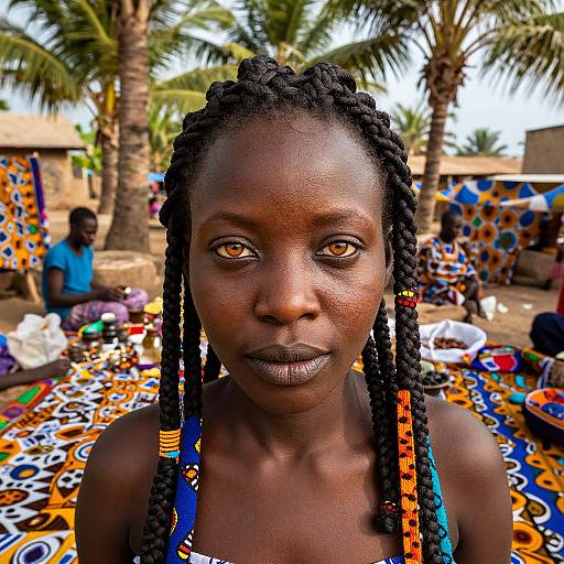 Photograph of a dark-skinned African woman with braided hair, wearing colorful beads, standing outdoors on a vibrant, patterned blanket in a sunny