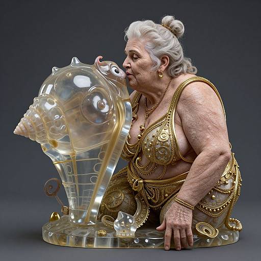 Photorealistic CGI of an elderly white woman with white hair, wearing ornate gold lingerie, kissing a transparent, gold-accented trophy.