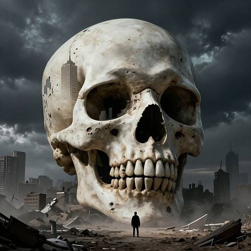 Photorealistic digital artwork of a massive, weathered skull with city buildings inside its eye sockets, towering over a small figure in a devastated, post