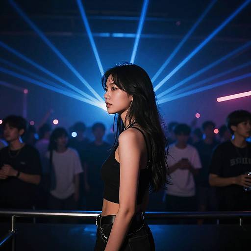 Photograph of an Asian woman with long black hair, wearing a black crop top and high-waisted pants, standing in a dimly lit club