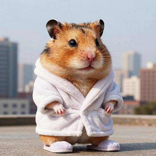 Photograph of an adorable hamster in a white bathrobe and slippers, standing on a rooftop with a cityscape background.