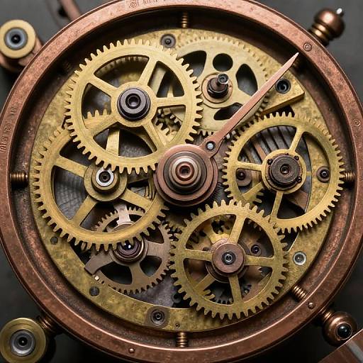 Close-up photograph of a intricate, steampunk-style watch mechanism with golden gears, cogs, and a central pinion, encased in a