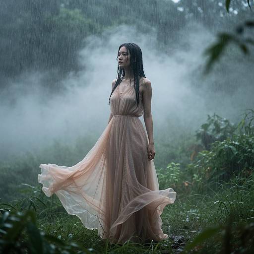 Photograph of a wet, dark-haired woman in a flowing, pink dress standing in a misty, rain-soaked forest, surrounded by green foliage