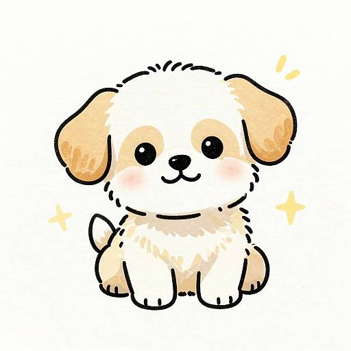 Cute, chibi-style digital drawing of a fluffy white and beige puppy with black eyes, blushing cheeks, and sparkling effects.