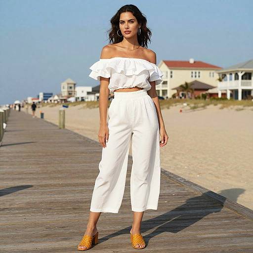 Woman in White Outfit on Virginia Beach Boardwalk