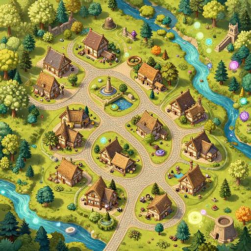 Vibrant digital village aerial view: colorful houses, winding paths, glowing orbs, winding river, lush greenery, and trees, in a fantasy