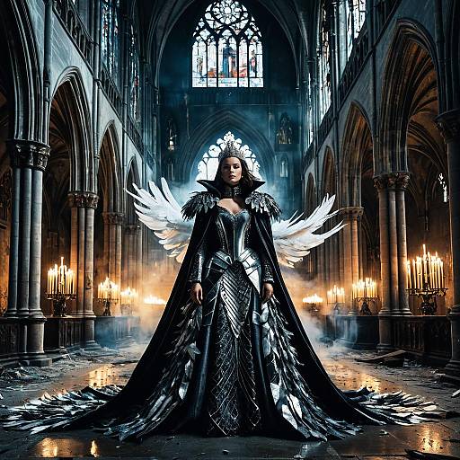 Regal Woman in Gothic Cathedral with Metallic Armor