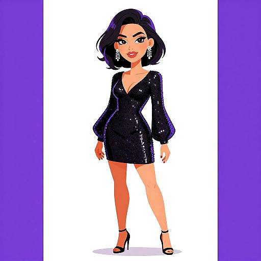 Digital illustration of a confident woman with black bob hair, wearing a sparkly black V-neck dress, long sleeves, black heels, and dangling earrings,