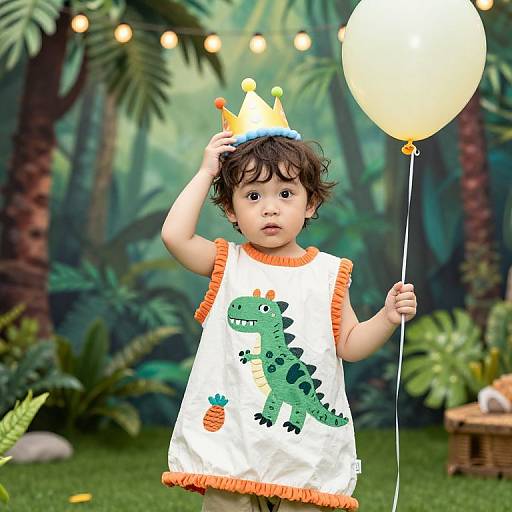 Photograph of a curly-haired toddler wearing a white dinosaur dress, orange ruffles, yellow crown, holding a balloon in a jungle-themed backdrop.