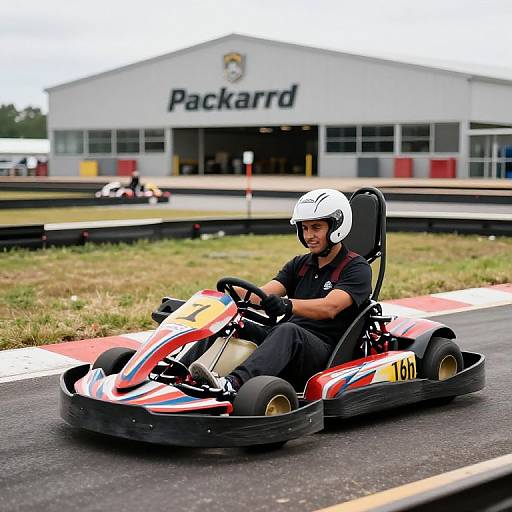 Photograph of a male go-kart driver in a black shirt and white helmet, racing on a track with a Paddock building in the background.
