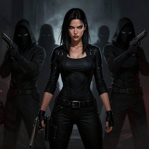 Photograph-style digital art: Dark-haired woman with intense expression, black leather outfit, and gun, flanked by shadowy masked figures holding guns.