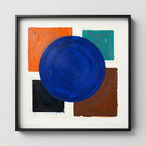 Abstract painting with a large blue circle, surrounded by orange, black, teal, and brown squares, framed in black, on white background.