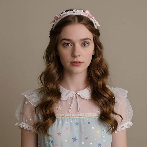 Photograph of a young woman with fair skin and wavy brown hair, wearing a pastel blue dress with star patterns, sheer puffed sleeves,