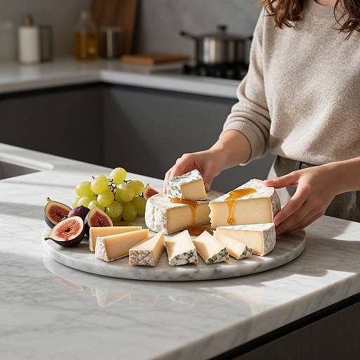 Photograph of a woman in a beige sweater slicing cheese on a marble kitchen counter with grapes and figs beside her.