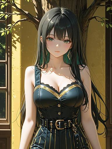Anime Woman in Black and Gold Jumpsuit