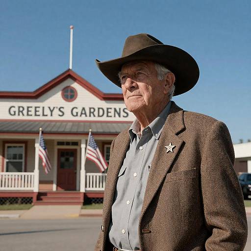 Old Cowboy in Front of Greely's Gardens
