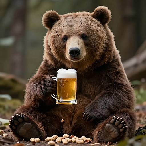 Photograph of a brown bear sitting in a forest, holding a frothy beer mug with its right paw, surrounded by scattered nuts.