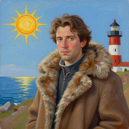 Digital painting of a handsome man with wavy brown hair, wearing a fur-trimmed coat, standing by a lighthouse and sunlit sea.