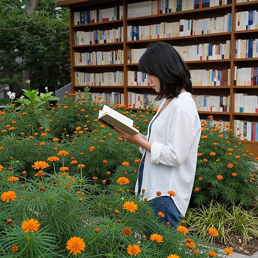 Photograph of a black-haired woman in a white lab coat, reading a book amidst vibrant orange marigold flowers, with a wooden bookshelf filled